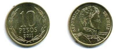 ЧИЛИ 10 ПЕСО 2011 ГЕНЕРАЛ БЕРНАРДО О ХИГГИНС KM 228.2 никель-бронза 37-1133