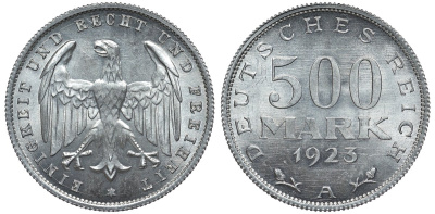 Германия 500 марок 1923 А KM 36, J.305 алюминий UNC 4587-526