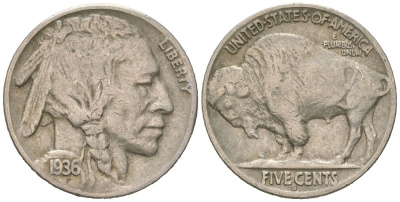 США 5 центов 1936 S, индеец, бизон KM 134 медно-никель 4614-1252