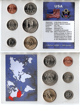 США набор из 6 монет (1, 5, 10 и 25 центов; 1/2 и 1 доллар) 2004, 2005, 2007, 2010 и 2011 в красочной упаковке с информацией о стране KM 195a, 201b, A202b, 361, 373 и 401 UNC 3-4-1-40