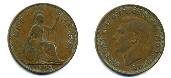 Великобритания 1 пенни 1938 Георг VI (1936-1952) KM 845, Spink 4114 бронза 37-522