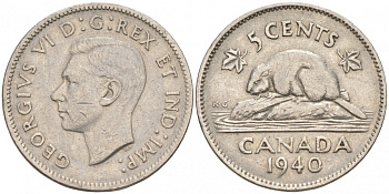 Канада 5 центов 1940 бобр, Георг VI (1937-1952) KM 33 никель 73-1157
