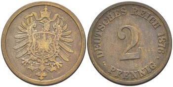 ГЕРМАНИЯ 2 ПФЕННИГА 1876 A, СТАРОГЕРБОВКА KM 2, J. 2, Weege 3 медь 212-645