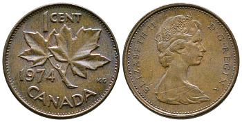 Канада 1 цент 1974 Елизавета II (1952-2022), кленовый лист KM 59.1 бронза 46-1832