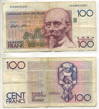 БЕЛЬГИЯ 100 ФРАНКОВ 1982 - 1994 Pick 142 бумага 6299-18-2-2