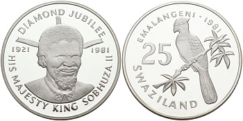 Свазиленд 25 емалангени 1981 брильянтовый юбилей короля, птичка на ветке KM 34 серебро PROOF 00-807-50