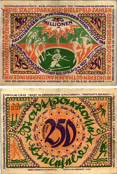 БИЛЕФЕЛЬД 250000000 МАРОК 1922 НОТГЕЛЬД, 2 АПРЕЛЯ 1922, ОКТЯБРЬ 1923, ЗЕМЛЯ СЕВЕРНЫЙ РЕЙН-ВЕСТФАЛИЯ, ПЕРФОРАЦИЯ P. RRUST Grabowski 84 (GR 37) бумага 6300-33-1-2