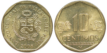 Перу 10 сентимо 2008 KM 305.4 латунь aUNC 4605-543