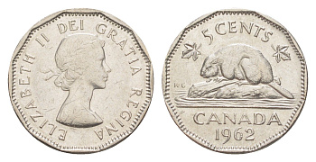 Канада 5 центов 1962 Елизавета II (1952-2022), бобр KM 50a никель aUNC 4639-441