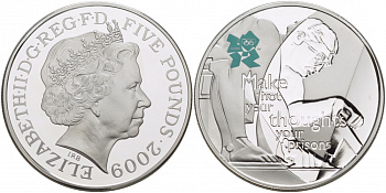 Великобритания 5 фунтов 2009 Елизавета II (1952-2022), XXX летние Олимпийские Игры. Празднование в Британии - Исаак Ньютон KM 1144, Spink LO41 серебро PROOF 02-262-23