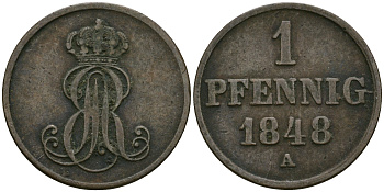 Ганновер 1 пфенниг 1848 A, Эрнст Август (1837-1851) KM 201.2, AKS 130, J. 74 медь 4608-1023
