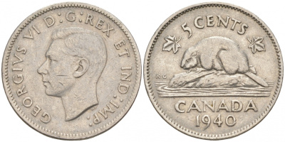 Канада 5 центов 1940 бобр, Георг VI (1937-1952) KM 33 никель 73-1157