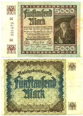 ГЕРМАНИЯ 5000 МАРОК 1922 2 ДЕКАБРЯ 1922, ВОДЯНОЙ ЗНАК G, ДЮРЕР Pick 81b бумага 444-119-2