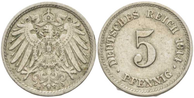 ГЕРМАНИЯ 5 ПФЕННИГОВ 1914 E KM 11, J. 12 медно-никель 105-215