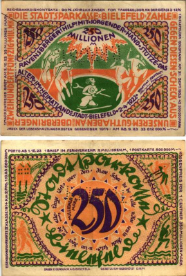 БИЛЕФЕЛЬД 250000000 МАРОК 1922 НОТГЕЛЬД, 2 АПРЕЛЯ 1922, ОКТЯБРЬ 1923, ЗЕМЛЯ СЕВЕРНЫЙ РЕЙН-ВЕСТФАЛИЯ, ПЕРФОРАЦИЯ P. RRUST Grabowski 84 (GR 37) бумага 6300-33-1-2