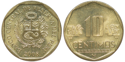Перу 10 сентимо 2008 KM 305.4 латунь aUNC 4605-543