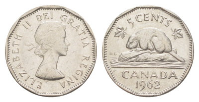 Канада 5 центов 1962 Елизавета II (1952-2022), бобр KM 50a никель aUNC 4639-441