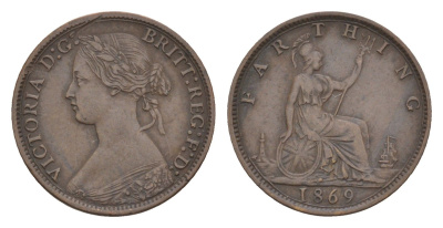 Великобритания 1 фартинг 1869 Виктория (1837-1901) KM 747.2, Spink 3958 бронза 1520-1134