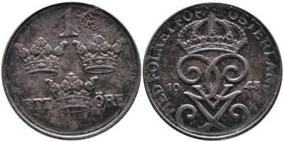 Швеция 1 эре 1945 SERIF 4, Густав V (1907-1950) KM 810 железо 4387-542