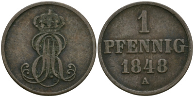 Ганновер 1 пфенниг 1848 A, Эрнст Август (1837-1851) KM 201.2, AKS 130, J. 74 медь 4608-1023