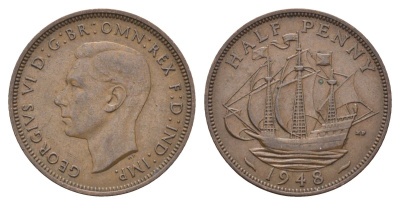 Великобритания 1/2 пенни 1948 Георг VI (1936-1952) KM 844, Spink 4115 бронза    4660-625