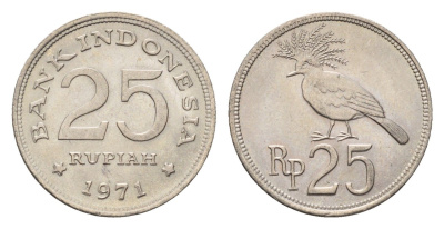Индонезия 25 рупий 1971 венценосный голубь KM 34 медно-никель UNC 4701-1267
