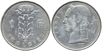 БЕЛЬГИЯ 1 ФРАНК 1962 BELGIE KM 143.1 медно-никель 4388-624