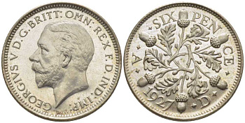 Великобритания 6 пенсов 1927 Георг V (1910-1936), четвертый выпуск, тираж 15000 экземпляров KM 832, Spink 4040 серебро  PROOF 00-802-31