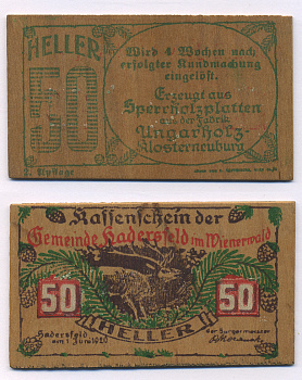 Австрия, Хадерсфельд 50 геллеров 1920 1 июня 1920, деревянный нотгельд   дерево  UNC 2192-98-1-1