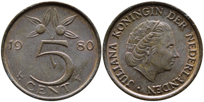 Нидерланды 5 центов 1980 Юлиана (1948-1980) KM 181 бронза 4391-1246