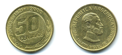 Аргентина 50 сентаво 2000 179 лет со дня смерти генерала Мартина Мигела де Гемеса KM 129 алюминиевая бронза  UNC   36-311
