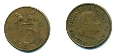 НИДЕРЛАНДЫ 5 ЦЕНТОВ 1967 ЮЛИАНА KM 181 бронза 76-434