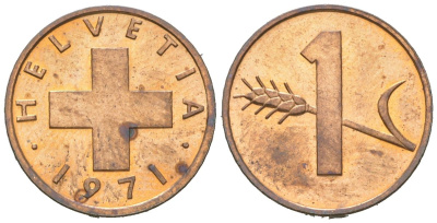 Швейцария 1 раппен 1971 KM 46 бронза aUNC 4164-266