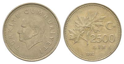 Турция 2500 лир 1992 Кемаль Ататюрк KM 1015 никель латунь 4648-852