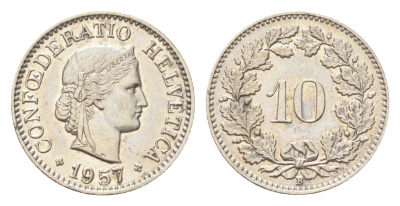 Швейцария 10 раппенов 1957 B KM 27 медно-никель 4708-169