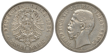 Рейсс (младшей линии) 2 марки 1884 Генрих XIV (1867-1913) Jaeger 120 серебро 10-016-40