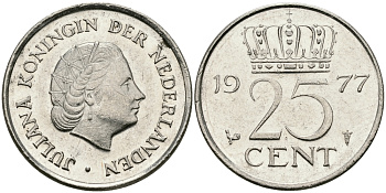 Нидерланды 25 центов 1977 Юлиана (1948-1980) KM 183 никель 96-245