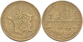 Франция 10 франков 1980 тип Матье KM 940, Le Franc 365.15-16 никель латунь 111-1021