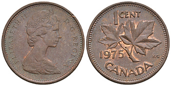 Канада 1 цент 1975 Елизавета II (1952-2022), кленовый лист KM 59.1 бронза 4609-143