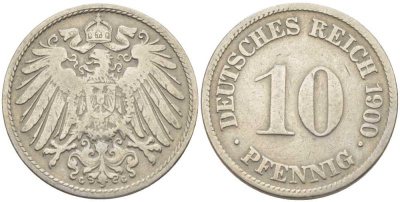 Германия 10 пфеннигов 1900 G KM 12, J. 13 медно-никель 210-636