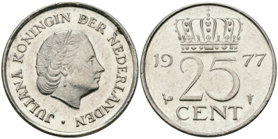 Нидерланды 25 центов 1977 Юлиана (1948-1980) KM 183 никель 96-245