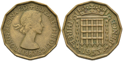 Великобритания 3 пенса 1953 Елизавета II (1952-2022) KM 886, Spink 4152 никель латунь 4561-1021