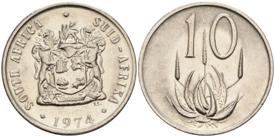 ЮАР 10 центов 1974 цветок алоэ KM 85 никель  UNC  4189-124