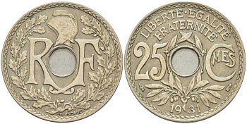 ФРАНЦИЯ 25 САНТИМОВ 1931 ТИП ЛИНДАЙЁ KM 867а, LE FRANC 171.15 медно-никель 202-121