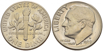 США 10 ЦЕНТОВ = 1 ДАЙМ 1969 D, РУЗВЕЛЬТ KM 195а медь плакированная медно-никелем 4547-941