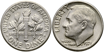 США 10 ЦЕНТОВ = 1 ДАЙМ 1973 РУЗВЕЛЬТ KM 195а медь плакированная медно-никелем 54-918