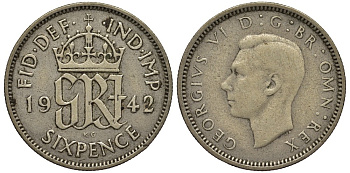 Великобритания 6 пенсов 1942 Георг VI (1936-1952) KM 852, Spink 4084 серебро 4538-511