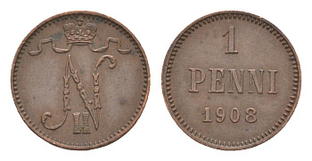 Россия для Финляндии 1 пенни 1908 Николай II (1894-1917) Биткин 469 медь 4655-238