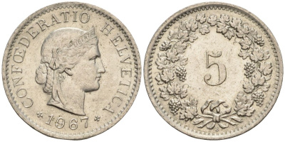 Швейцария 5 раппенов 1967 B KM 26 медно-никель 4608-456