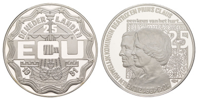Нидерланды 25 экю 1991 25 лет свадьбе Беатрикс и Принца Клауса X 37 серебро PROOF 1083-4-11